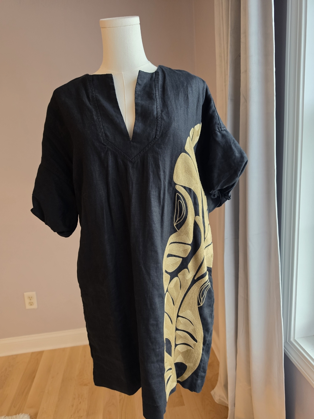 Banana Republic Black Short-Sleeve Tunic Dress with Gold Leaf Design